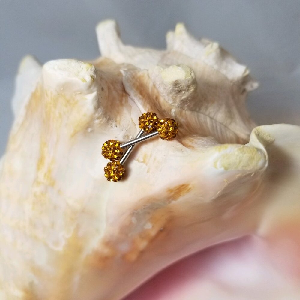PAIR Yellow Ferido ball ends nipple bars 14G disco externally threaded stainess